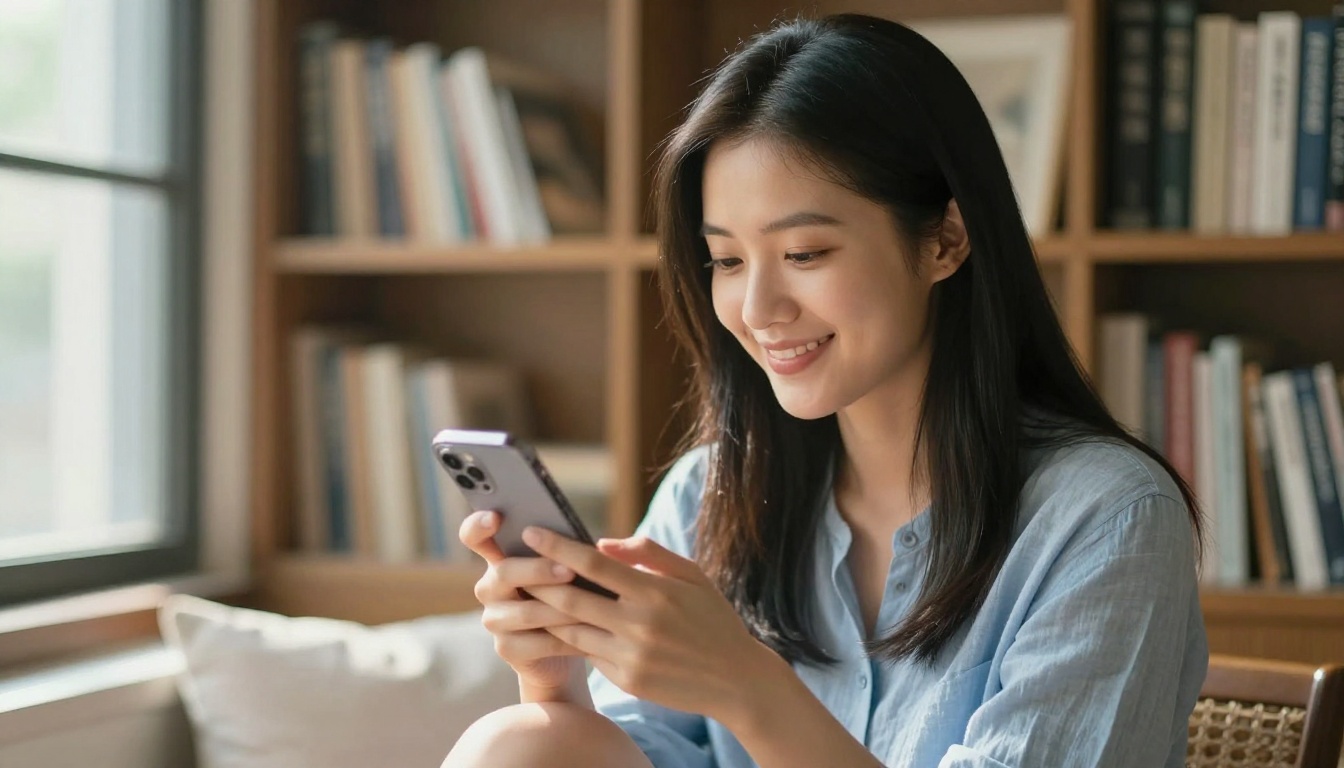 Woman using her phone in a cozy window seat, warm afternoon light Woman using her phone in a cozy window seat, warm afternoon light