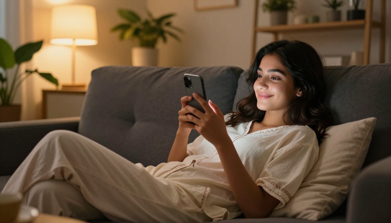 Middle Eastern woman on sofa at evening