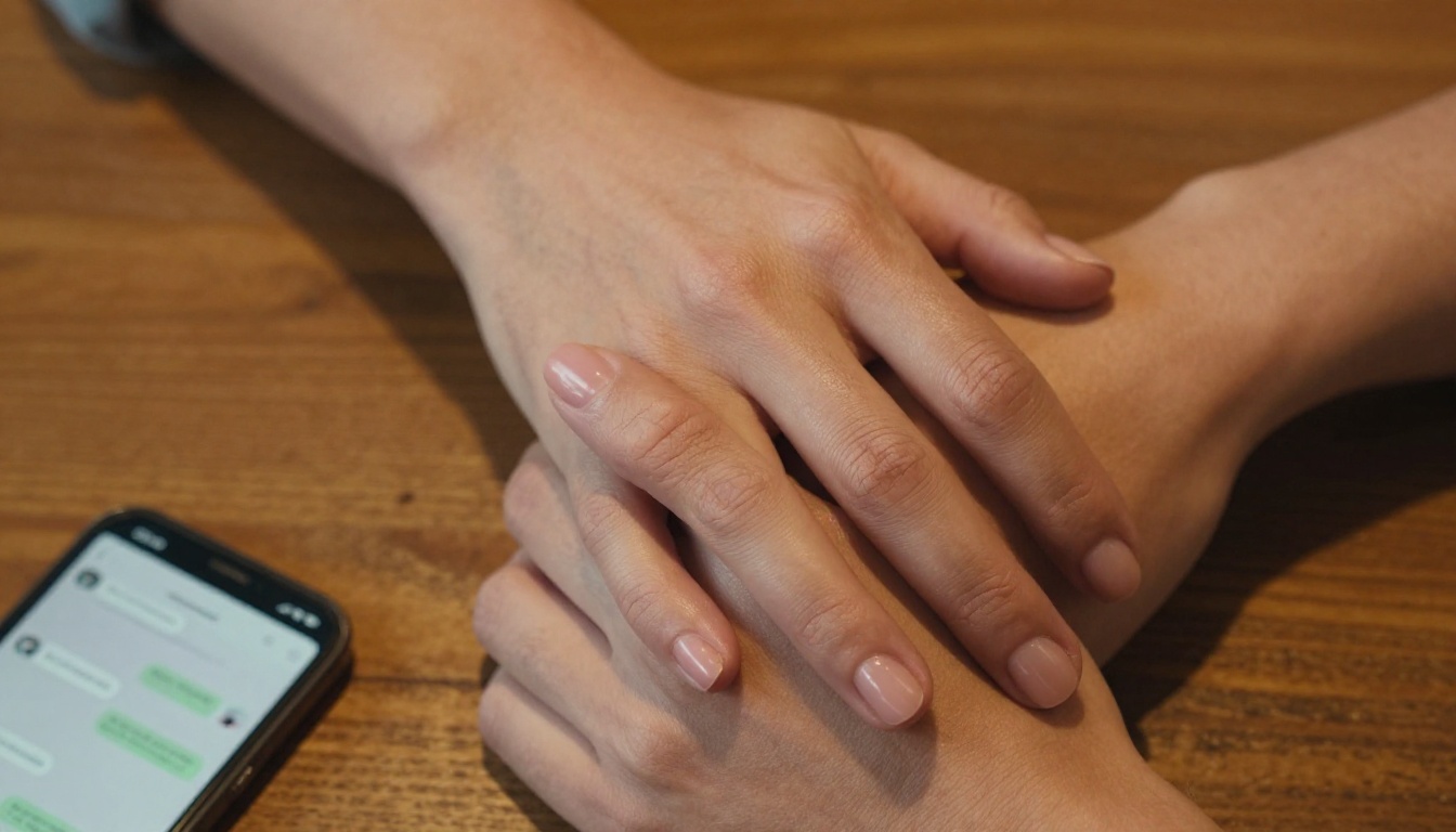 Two hands intertwined on café table with phone nearby