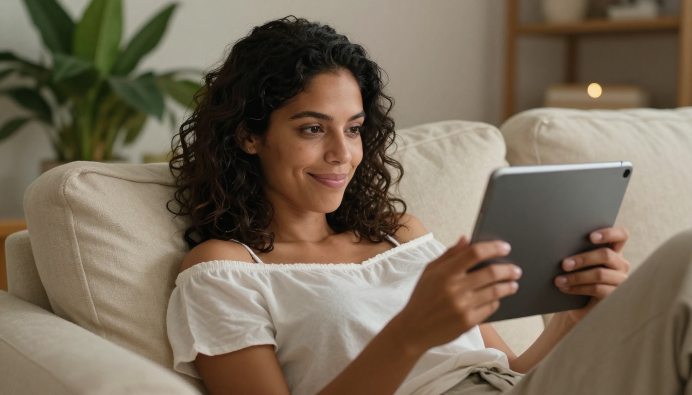 Latina woman lounging on sofa, browsing on tablet with a playful smile Latina woman lounging on sofa, browsing on tablet with a playful smile