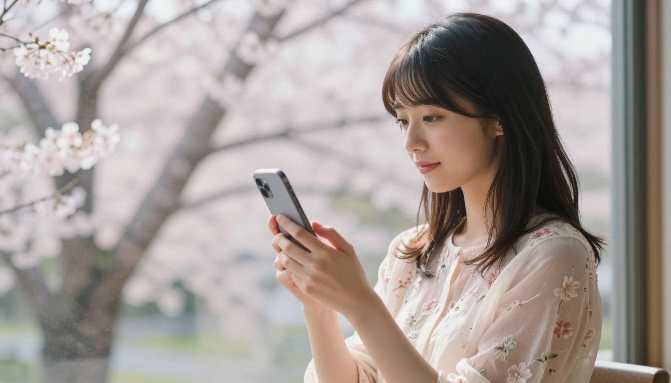 Japanese woman by cherry blossom window with phone