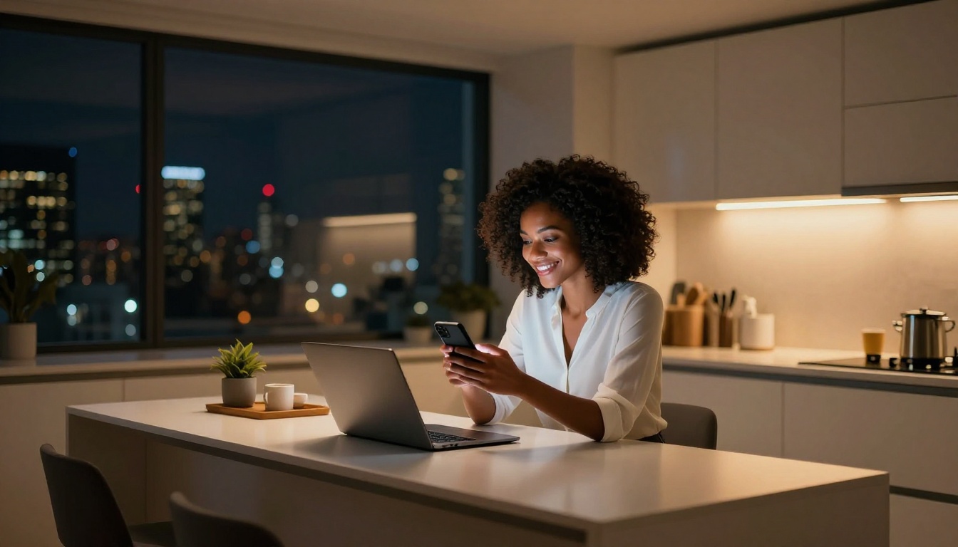 African woman smiling at phone in modern apartment
