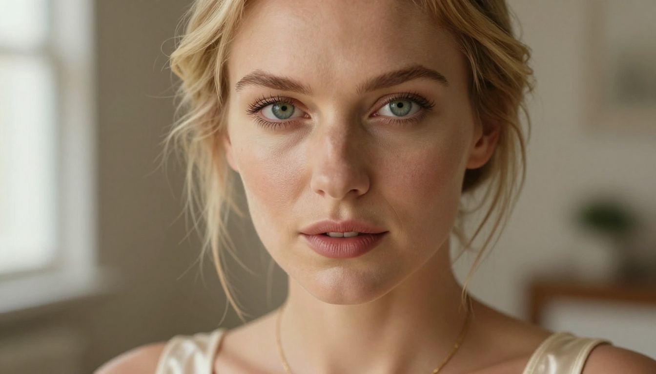European blonde woman, close-up portrait, confident direct gaze, natural light European blonde woman, close-up portrait, confident direct gaze, natural light