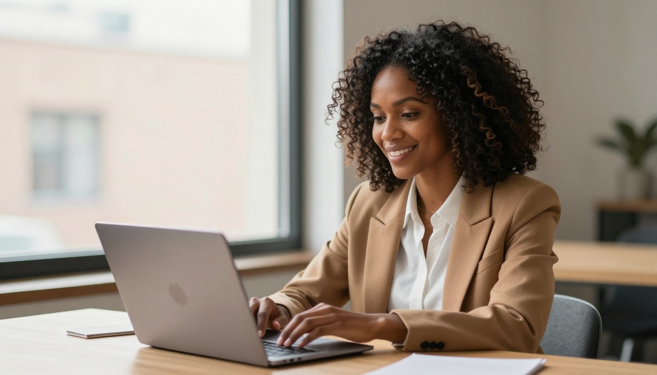 African American woman at desk with laptop, warm natural window light, authentic expression African American woman at desk with laptop, warm natural window light, authentic expression