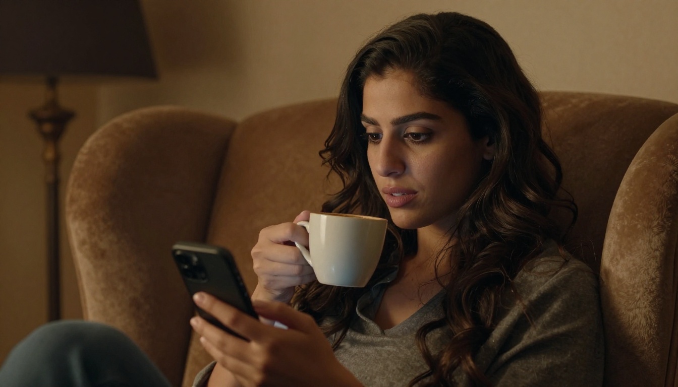 Middle Eastern woman relaxing with coffee, warm amber lamp light, intimate home setting Middle Eastern woman relaxing with coffee, warm amber lamp light, intimate home setting