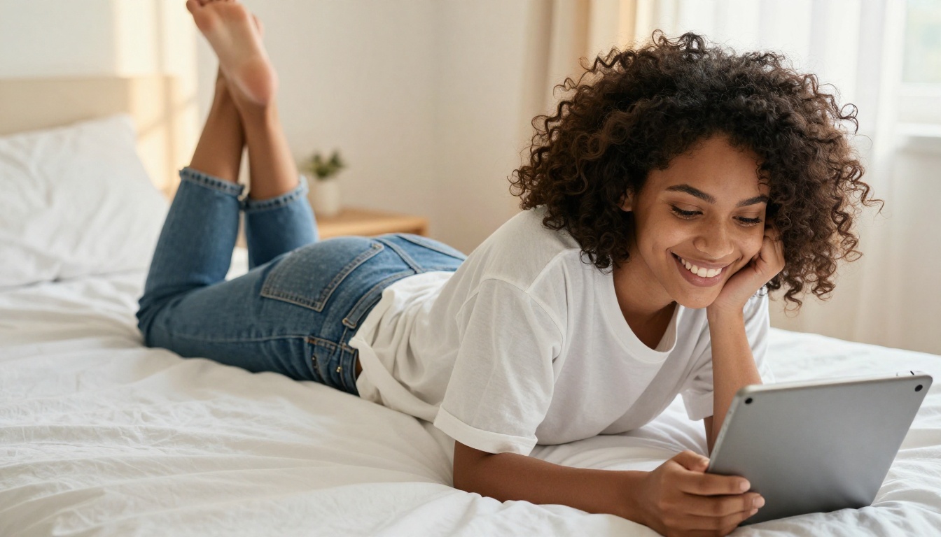 Young woman on bed with tablet, warm afternoon light, relaxed candid moment Young woman on bed with tablet, warm afternoon light, relaxed candid moment