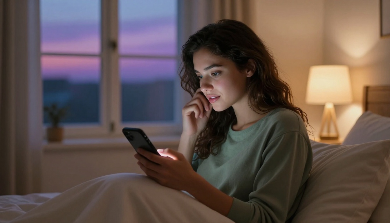 Woman browsing AI companion app at dusk