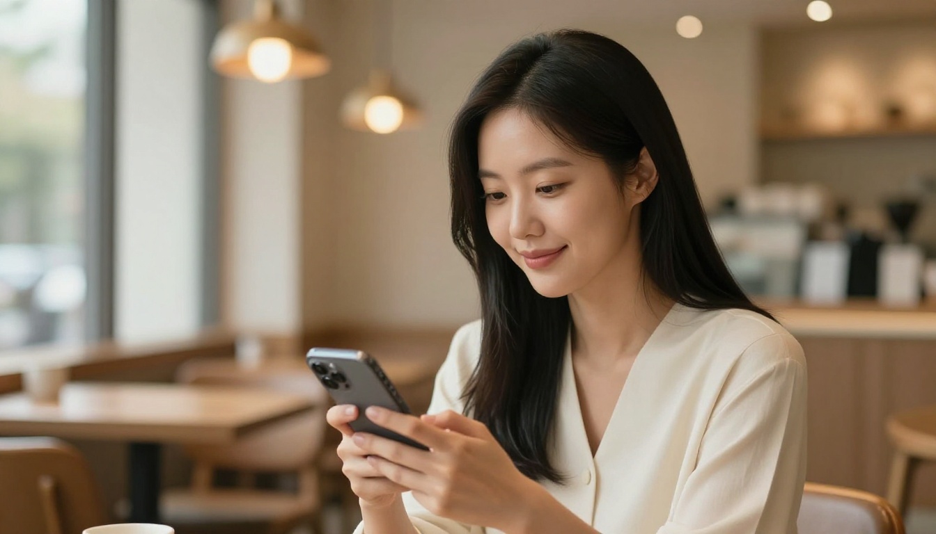 Korean woman in warm modern cafe, scrolling her phone, soft window light Korean woman in warm modern cafe, scrolling her phone, soft window light