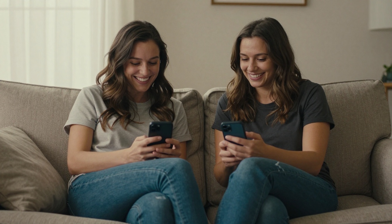 Two women sharing a genuine laughing moment over a phone, natural afternoon light, warm living room Two women sharing a genuine laughing moment over a phone, natural afternoon light, warm living room