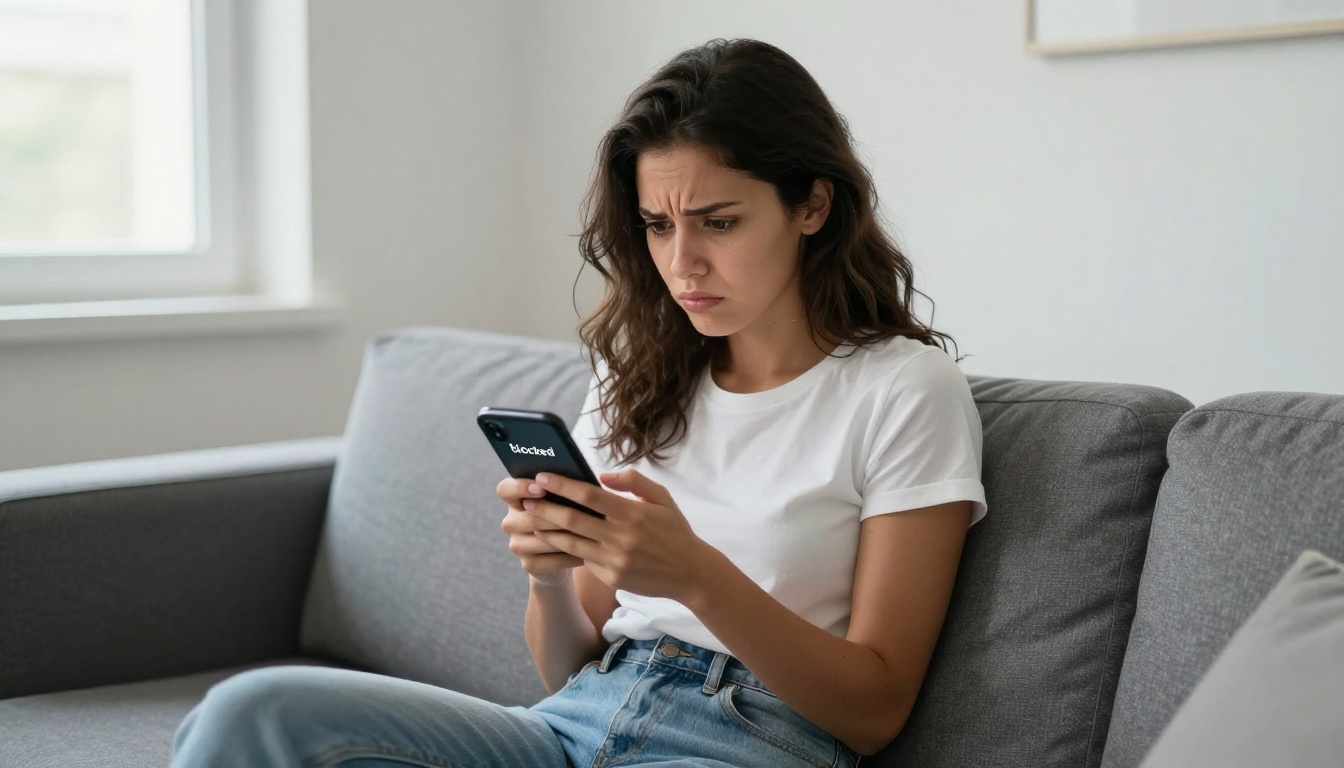 A woman looking at her phone with frustrated expression, sitting on a modern couch in a bright apartment