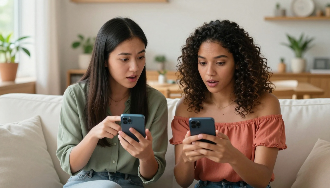 Two women sitting side by side on a white couch, comparing their smartphones with curious expressions