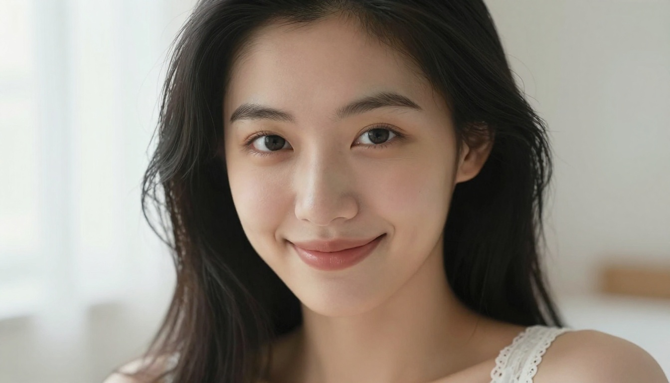 Close-up portrait of a beautiful East Asian woman with a warm, emotionally present expression looking directly at the camera