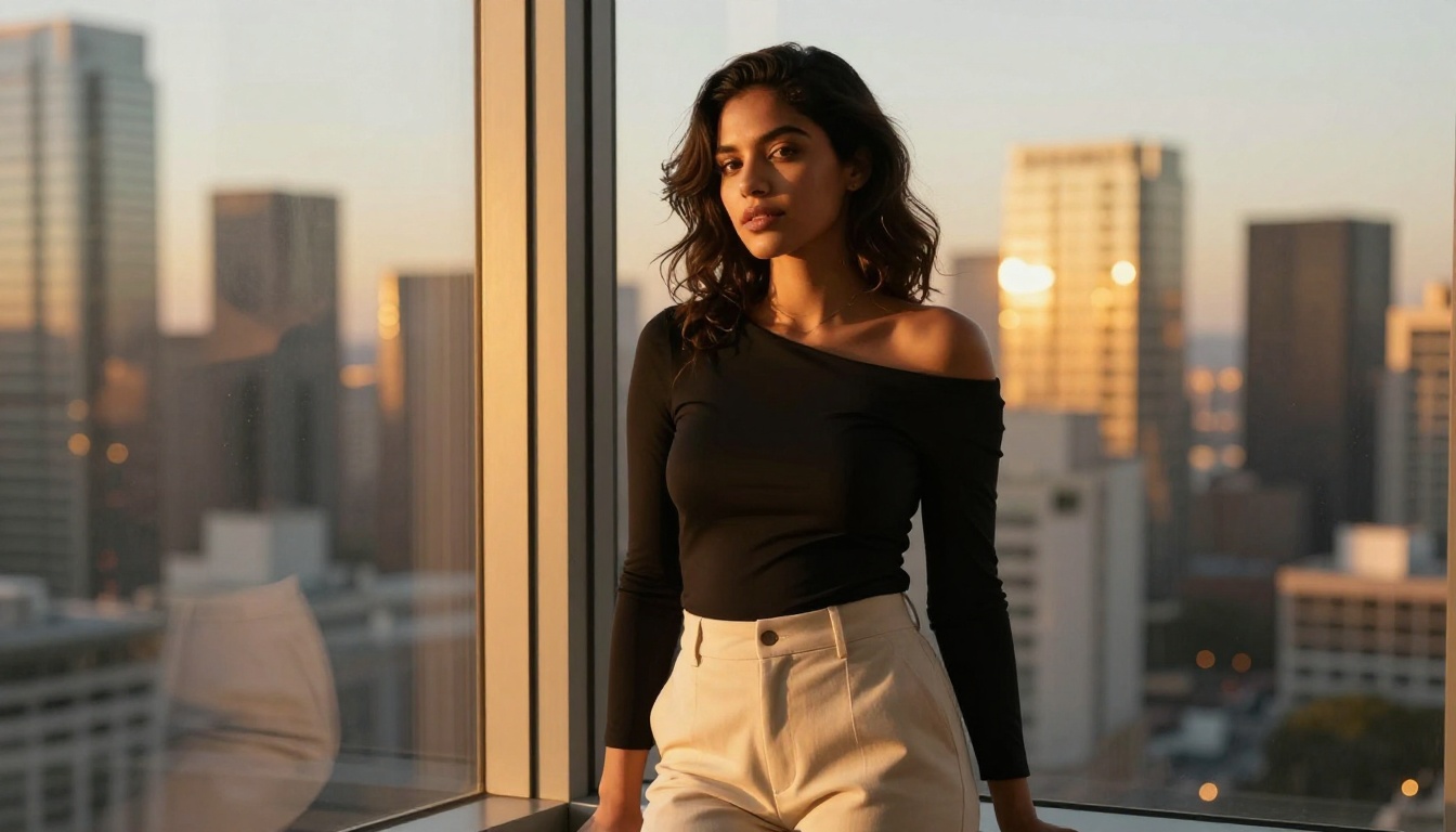 A stunning Latina woman standing confidently by a floor-to-ceiling window with a glowing city skyline behind her