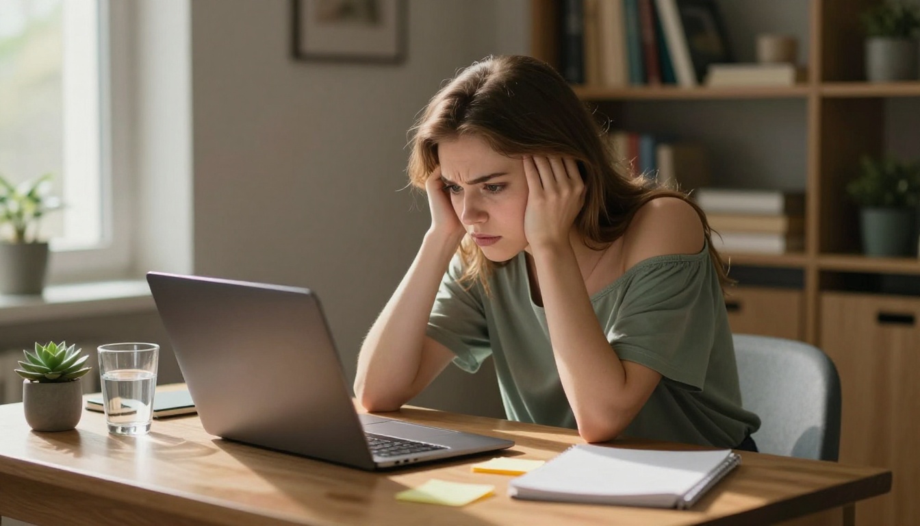 Woman frustrated at laptop checking chat restrictions
