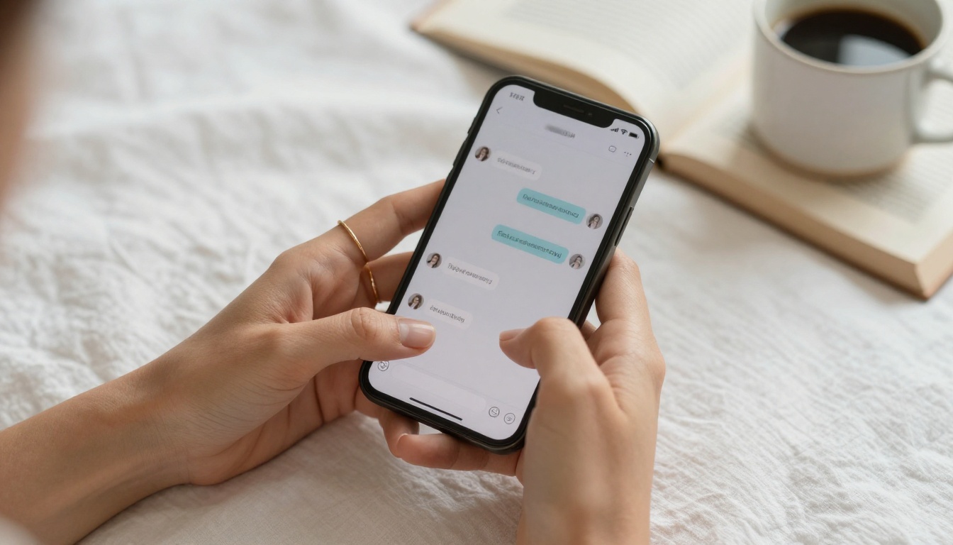 Close-up of hands holding smartphone with chat interface