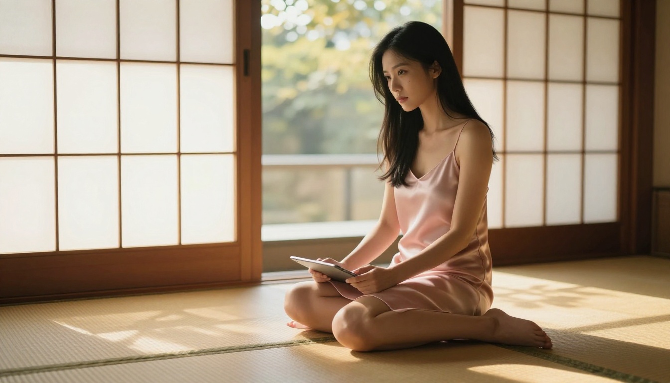 Asian woman gazing pensively at tablet by window