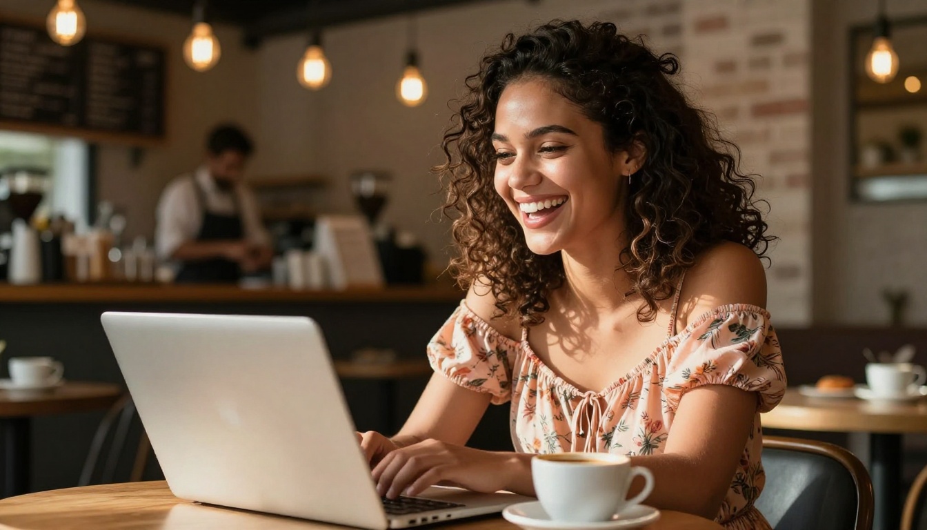 A young woman with natural curly hair laughing genuinely at her laptop screen while sitting at a cozy cafe table