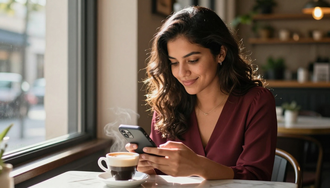 Latina woman smiling at phone in a warm café