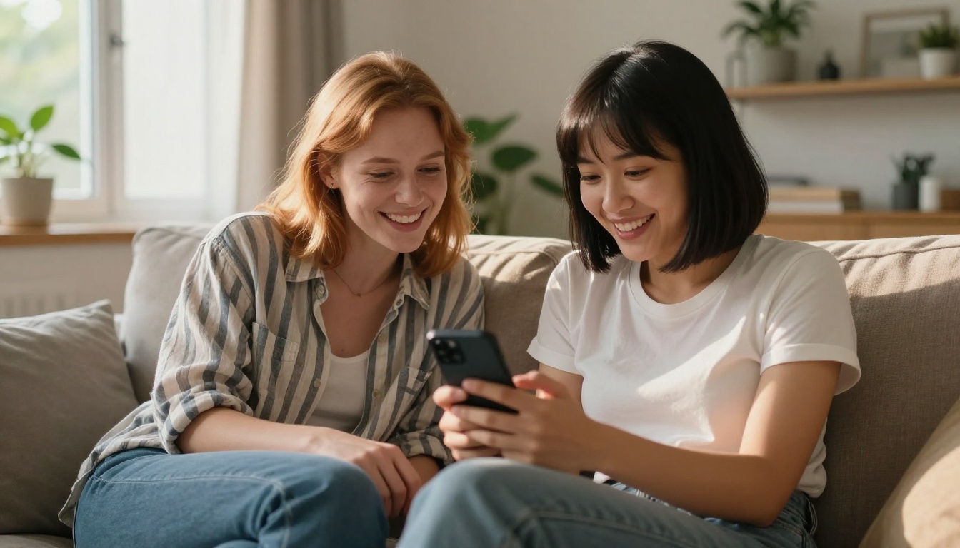 Two women laughing together looking at a phone