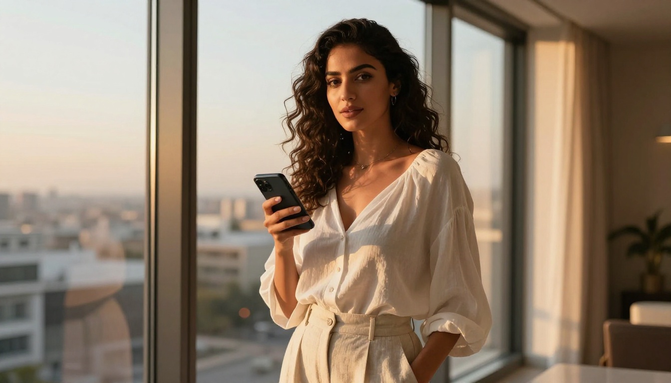 Middle Eastern woman standing confidently near window