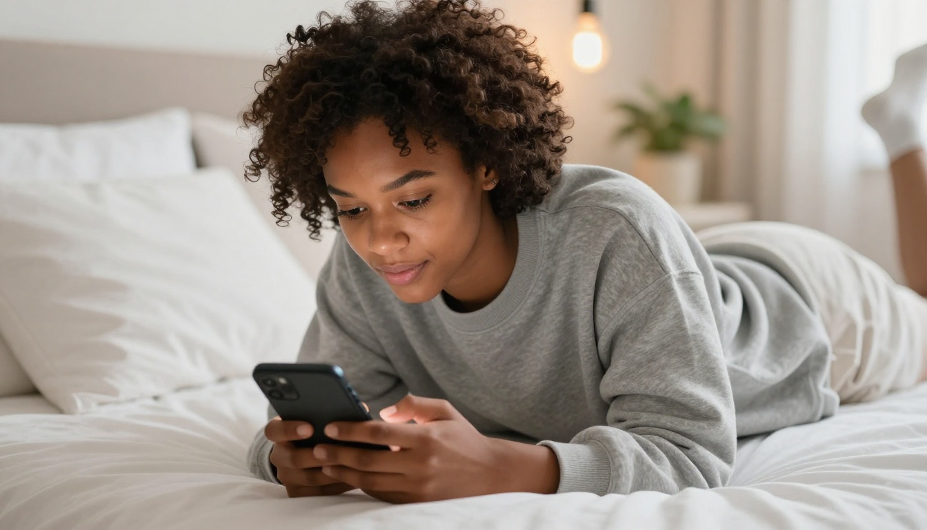 African American woman typing on phone while relaxing on bed