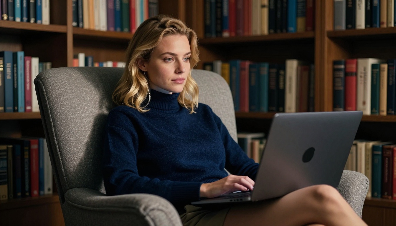 European blonde woman reading in a cozy home library
