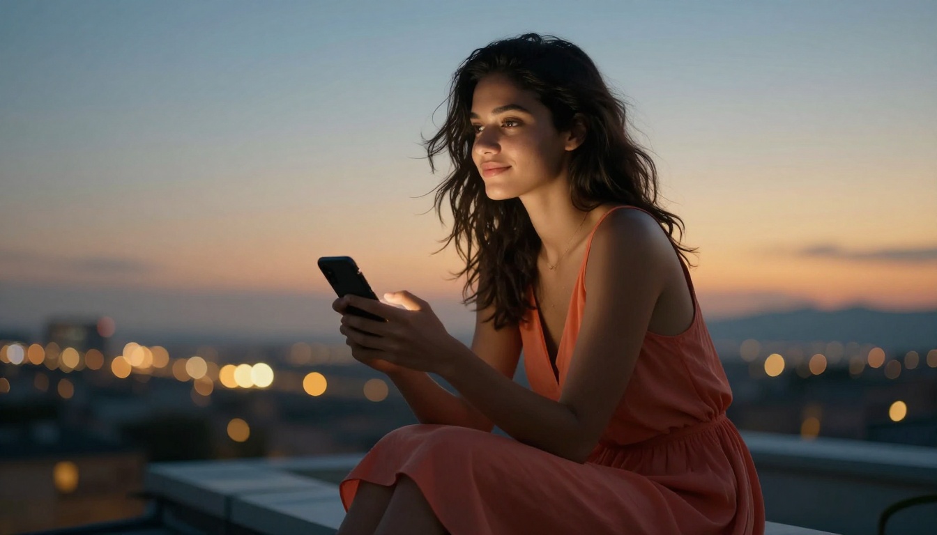 Young woman on rooftop terrace at dusk, looking hopeful
