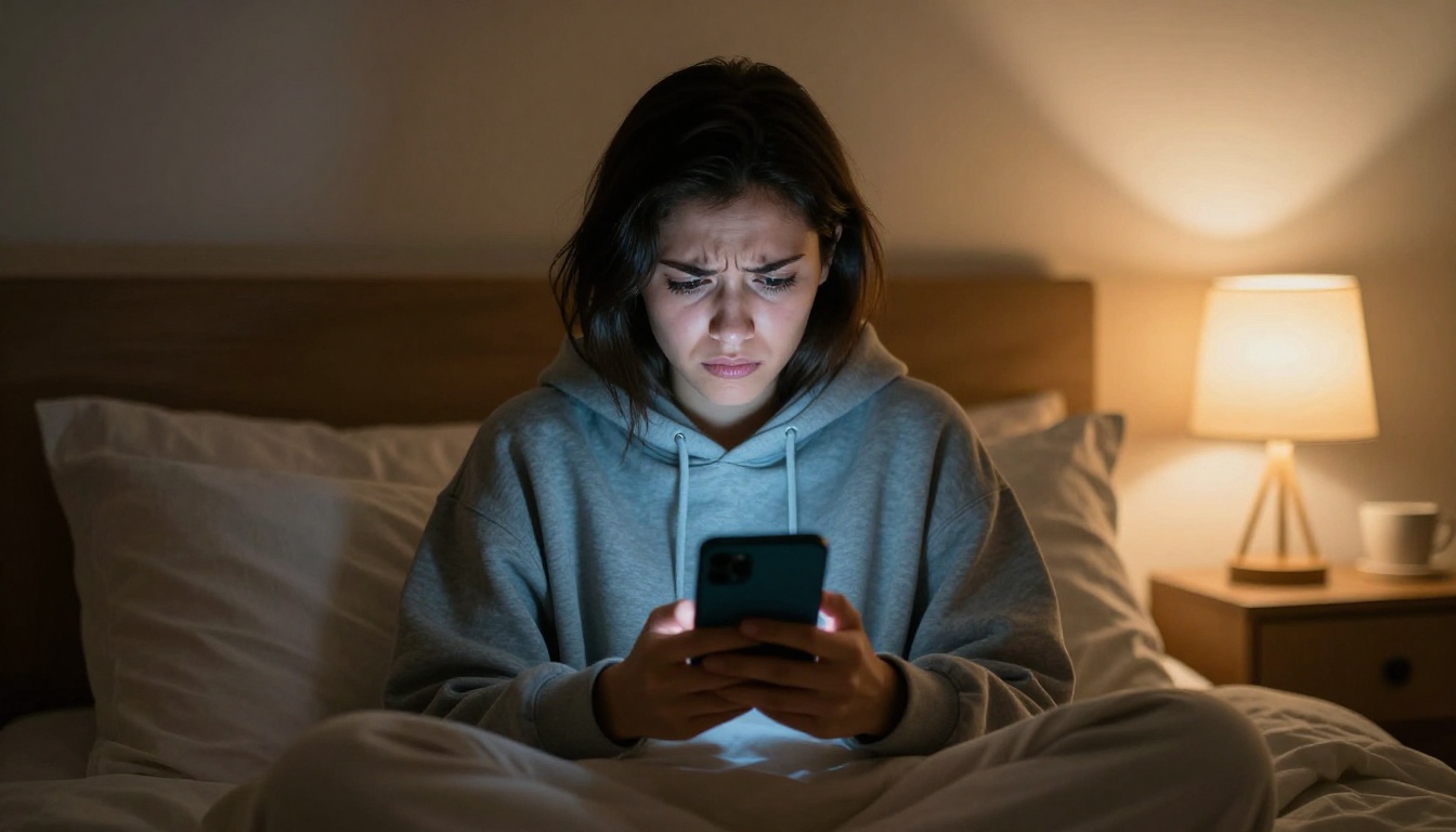 Woman frustrated looking at her smartphone screen in a dimly lit bedroom