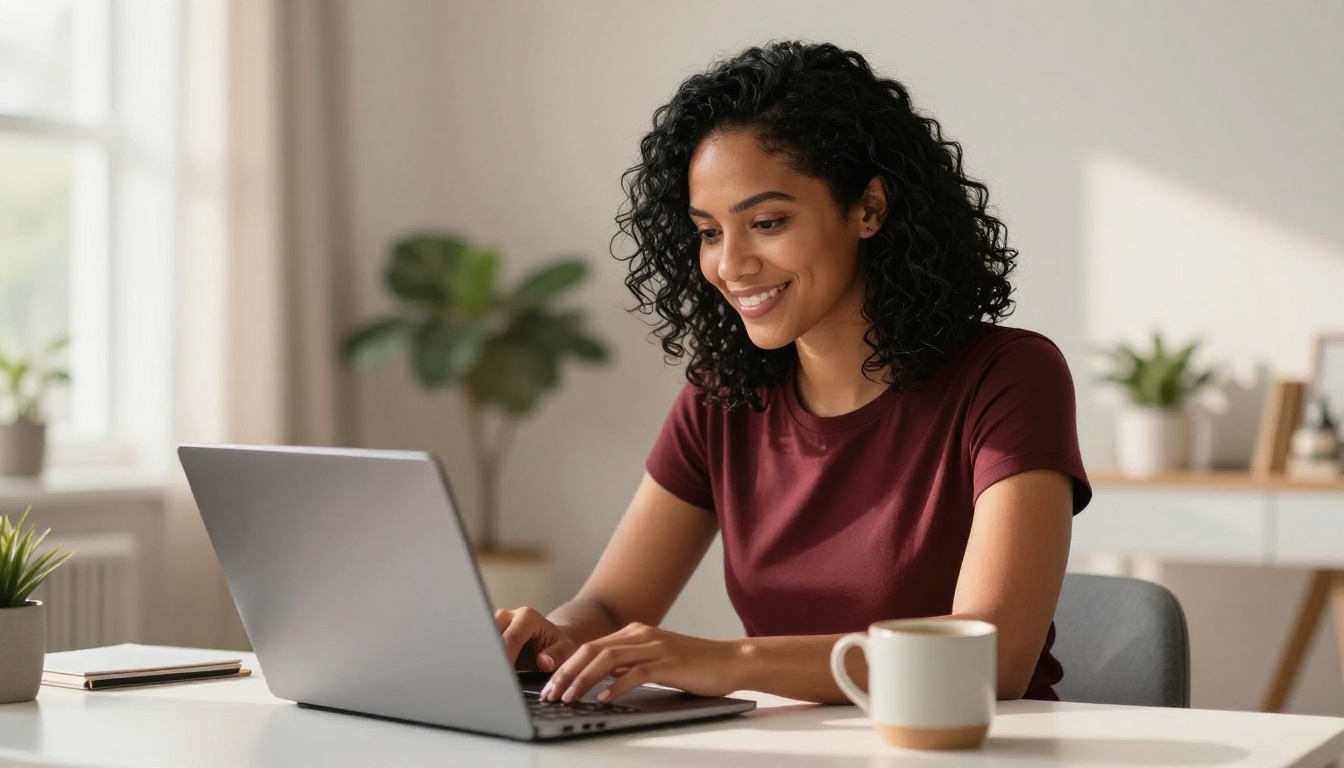 Confident Latina woman smiling warmly at her laptop in a bright home office