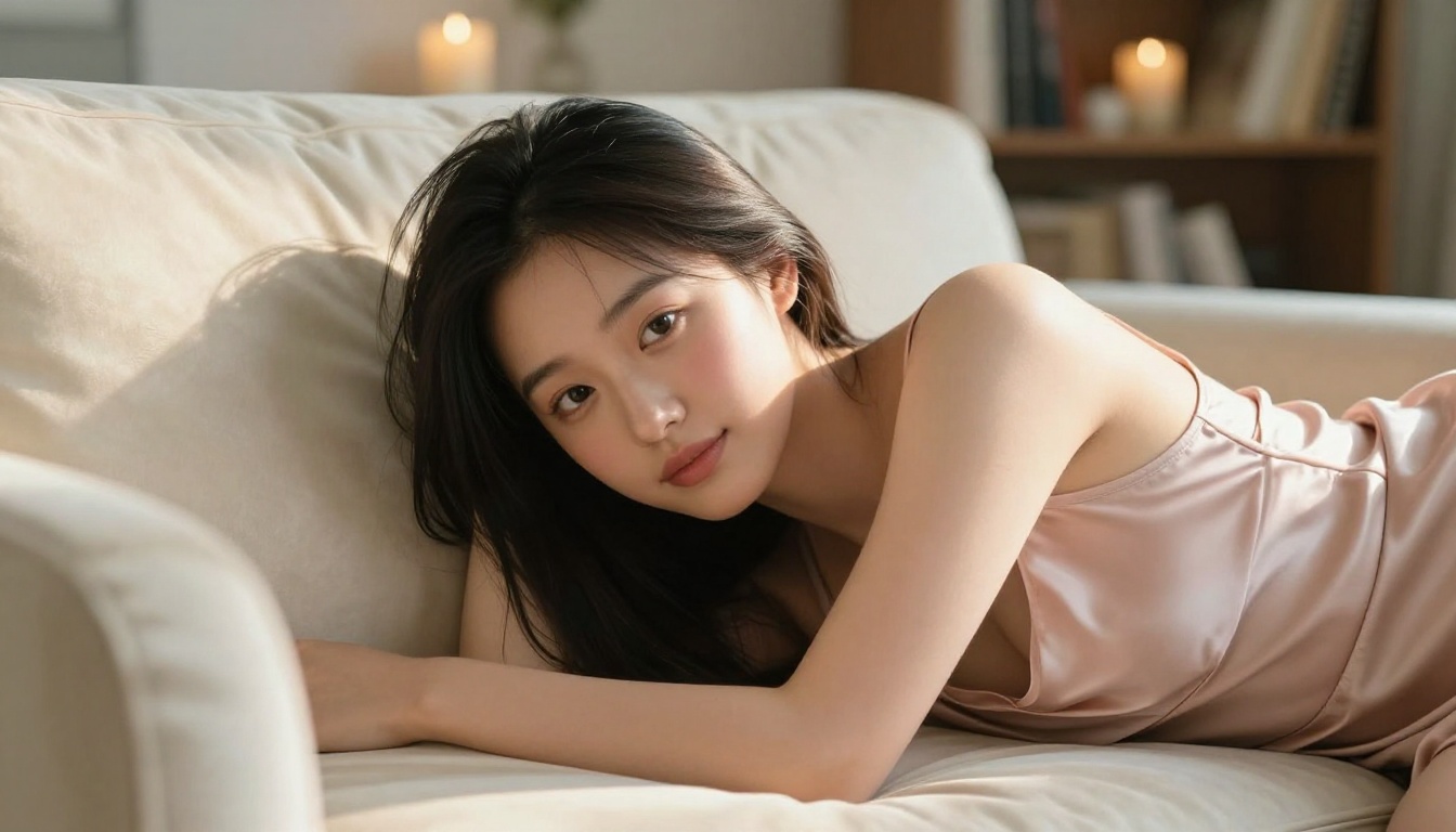 Young East Asian woman lying on an ivory velvet sofa in warm romantic light