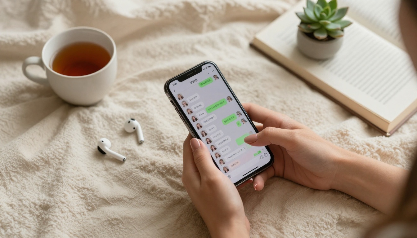 Aerial overhead view of woman's hands holding a smartphone surrounded by lifestyle items