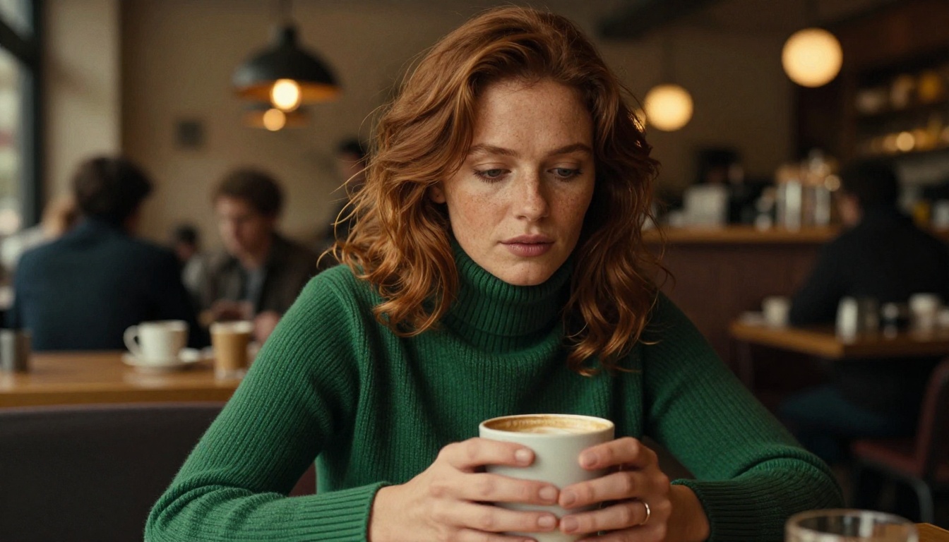 European woman with auburn hair sitting thoughtfully in a cozy coffee shop booth