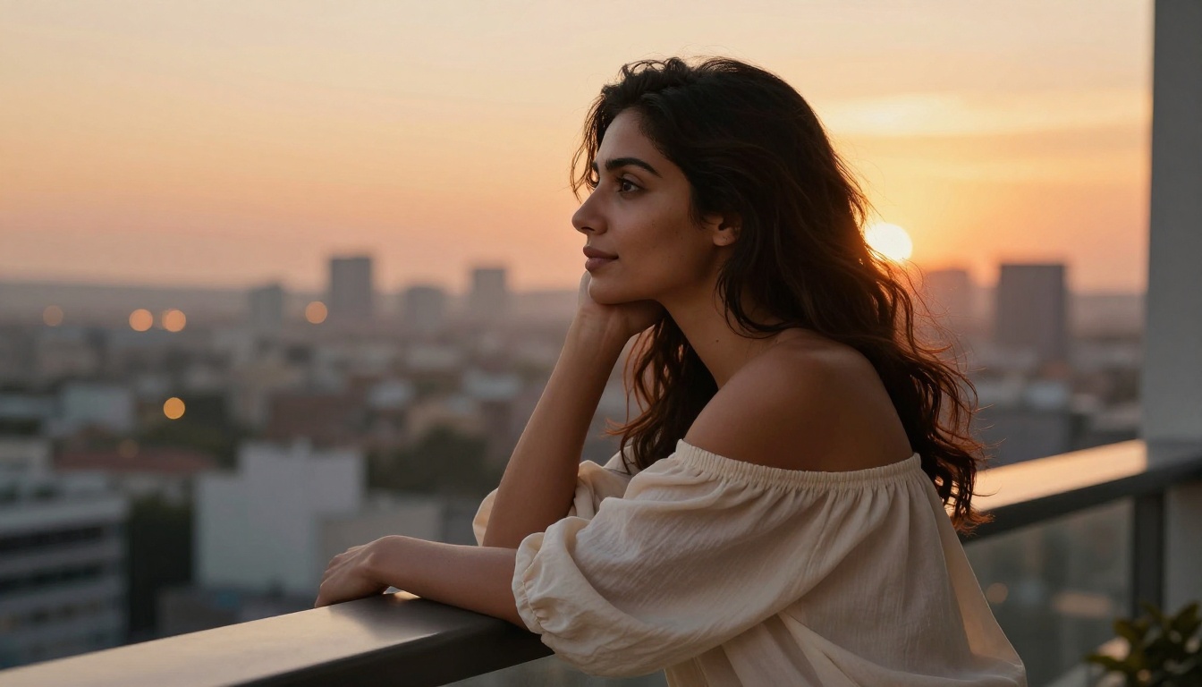 Woman of Middle Eastern descent leaning on a balcony railing at golden hour