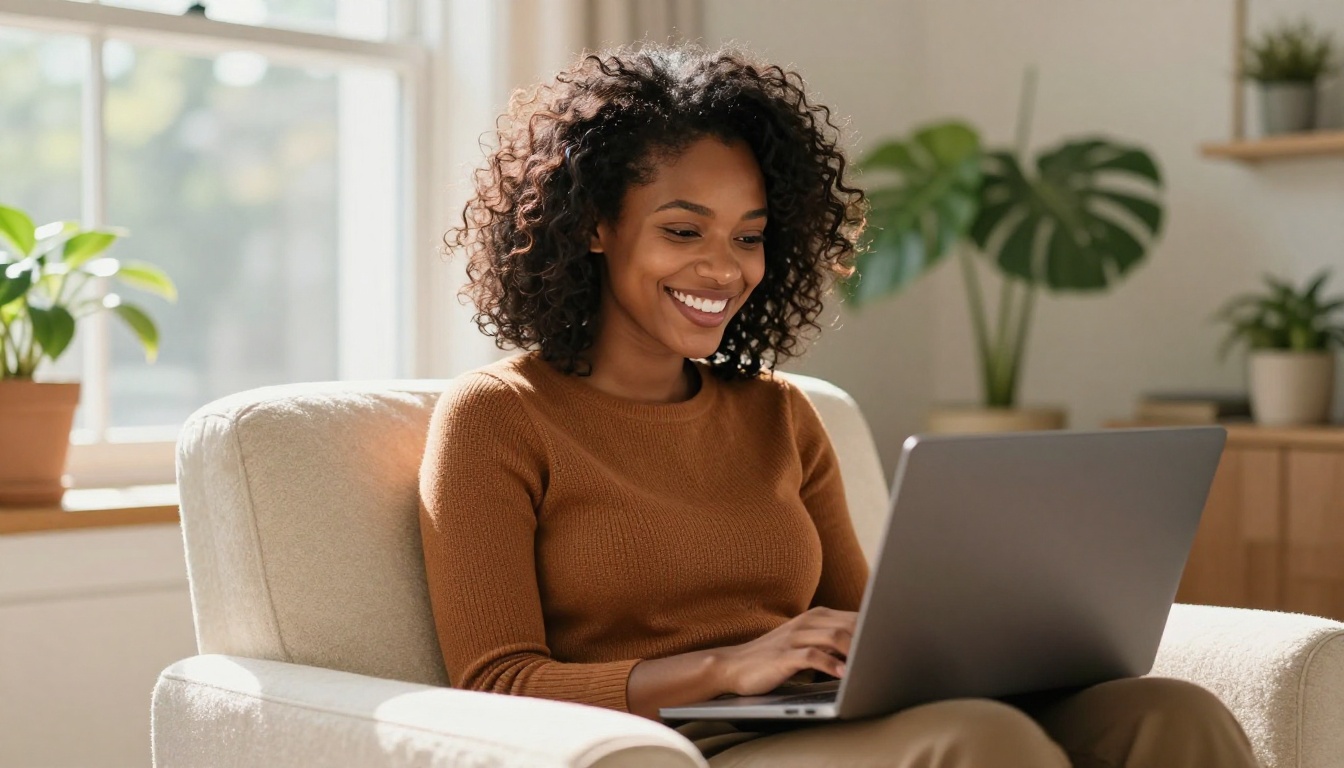 Black woman with natural hair smiling genuinely at her laptop in a sunlit living room