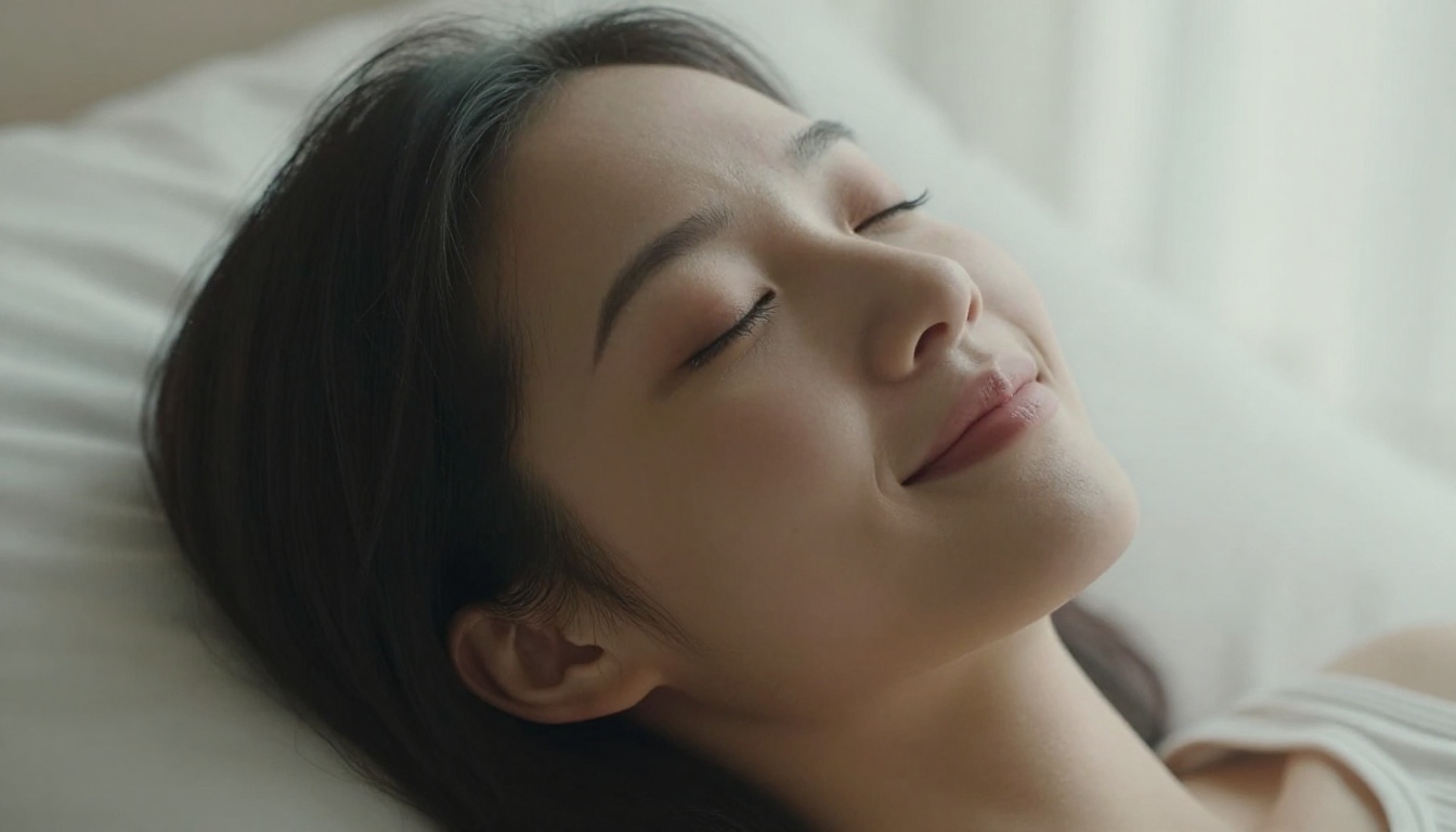 Woman with eyes closed peaceful close-up portrait in soft morning light