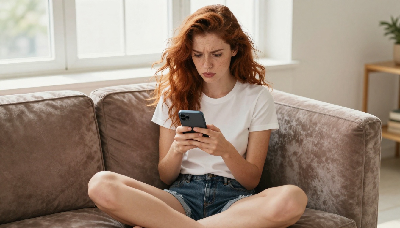 Woman looking at phone with frustrated curiosity