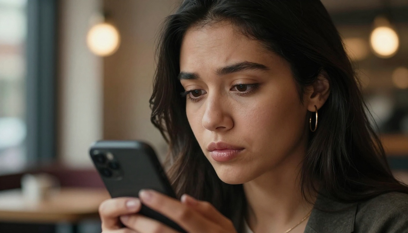 Latina woman showing disappointment at phone in warm cafe