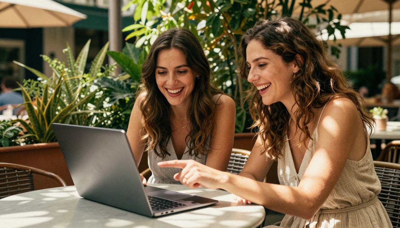 Women sharing AI app experience at a sunlit cafe