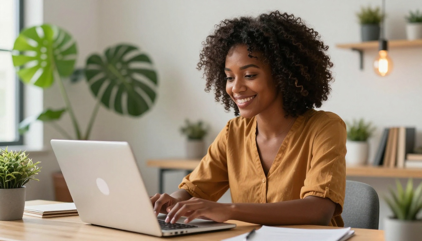 African American woman confidently using laptop at home office