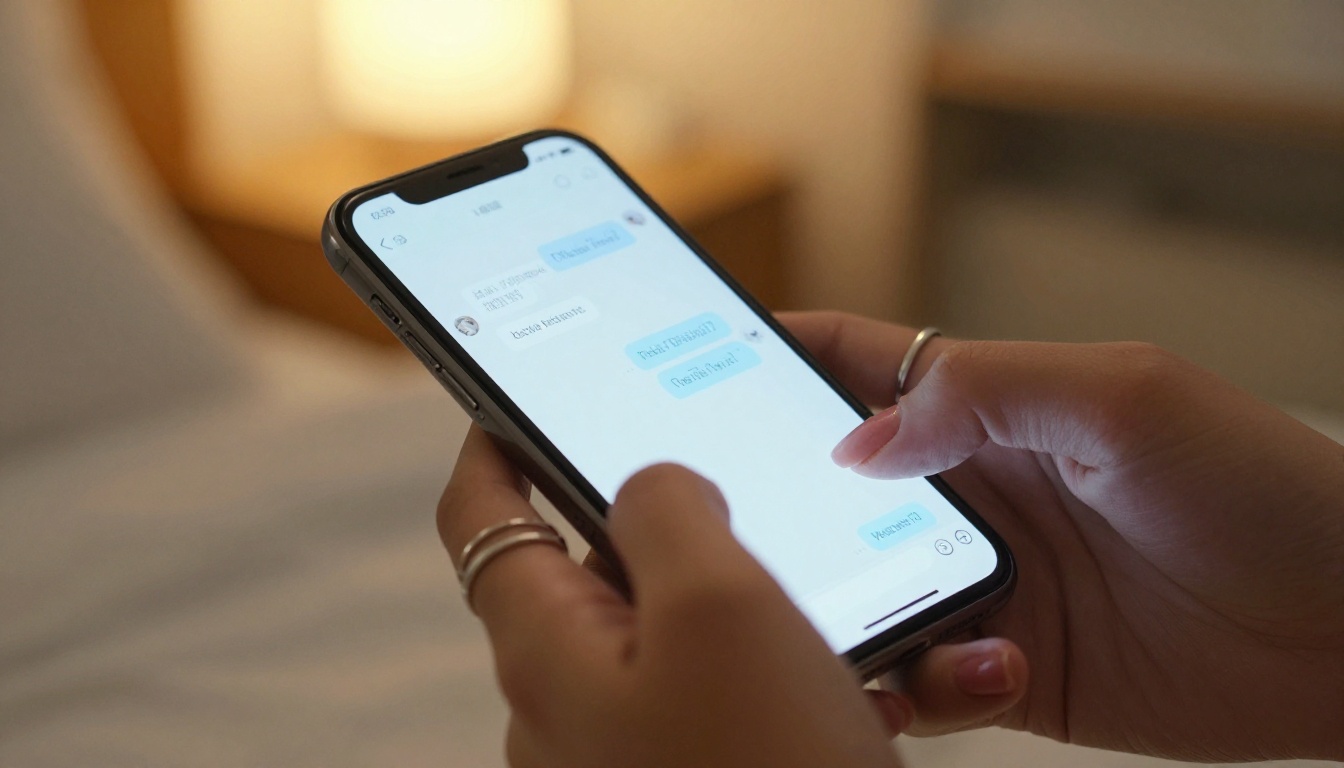 Woman's hands holding phone with chat interface in cozy bedroom light