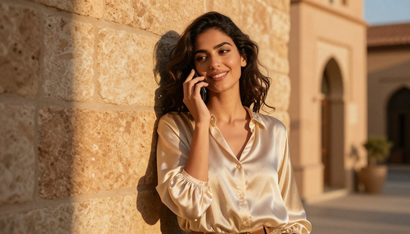Middle Eastern woman with phone at golden hour outdoors