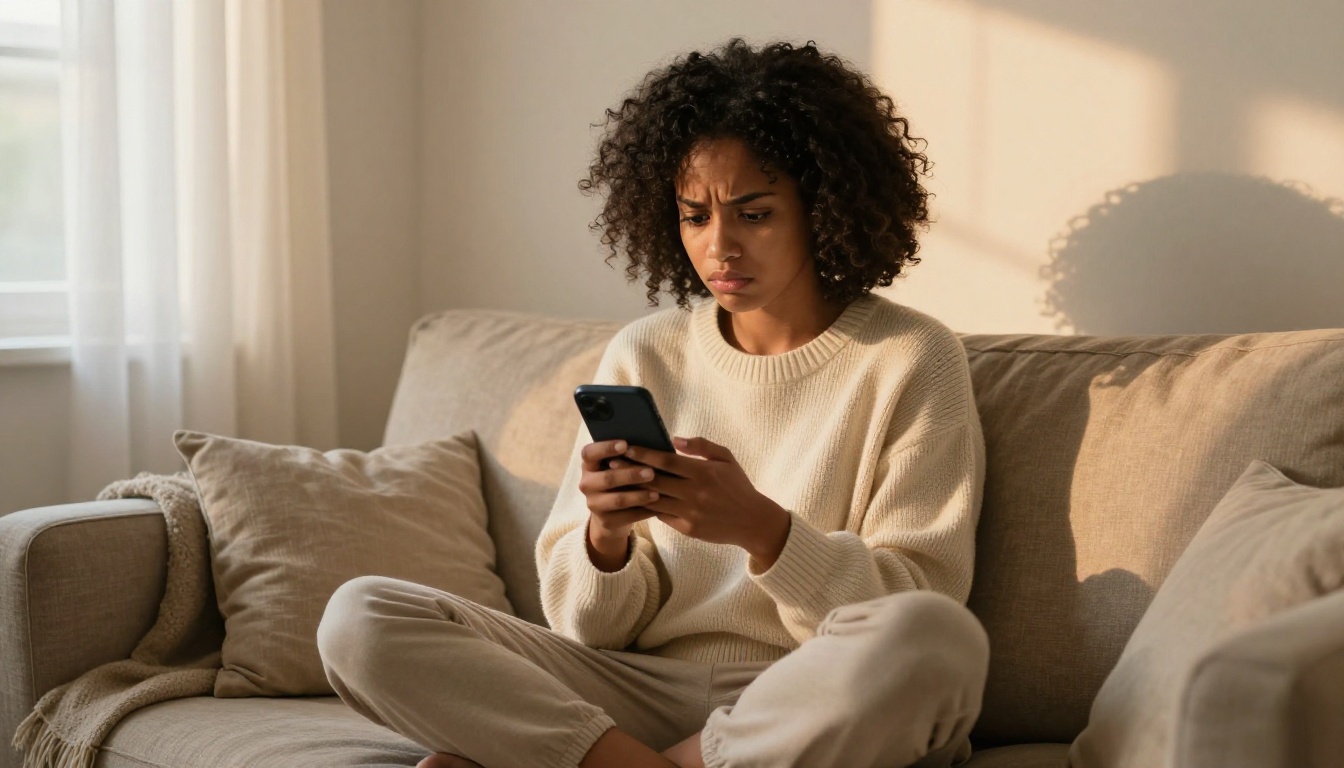Woman frustrated looking at her smartphone on a cozy sofa