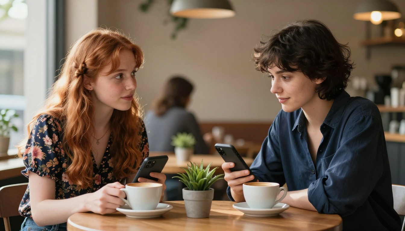 Two women comparing apps on smartphones at a cafe