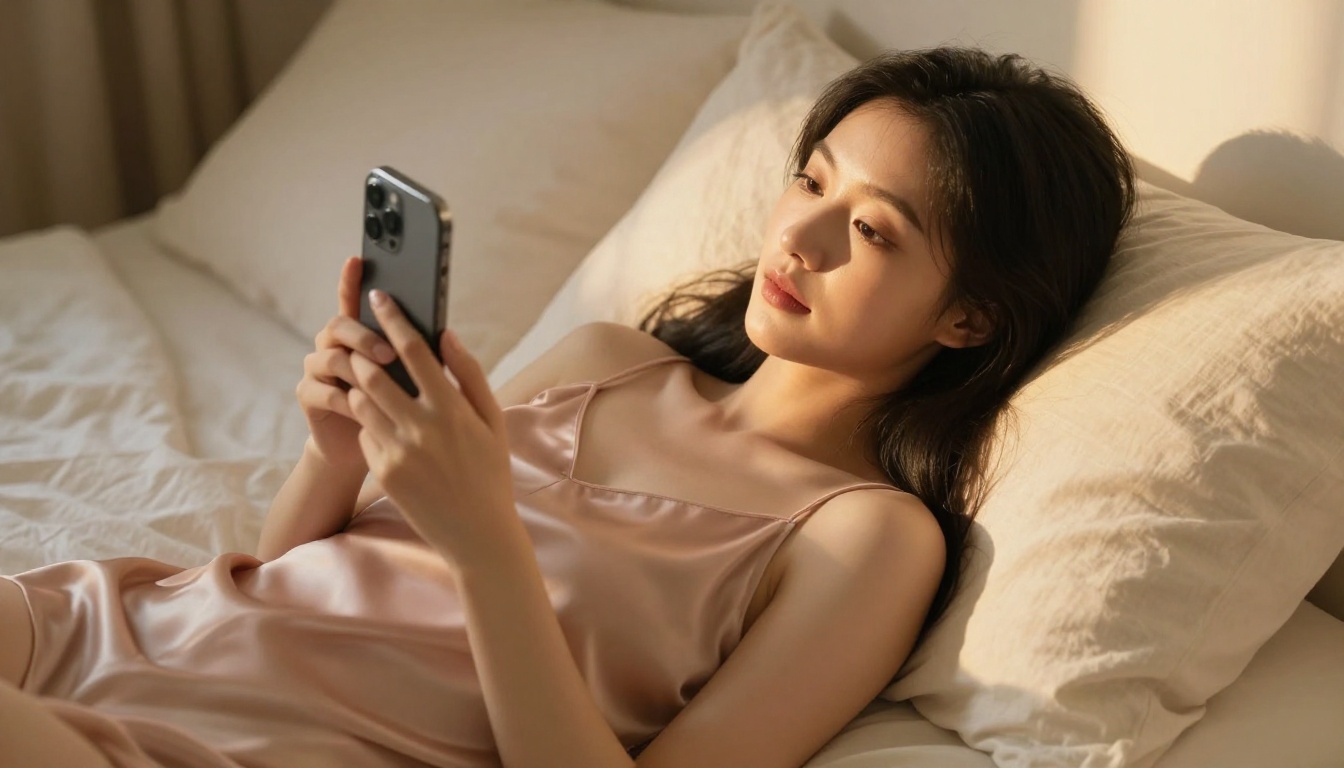 Beautiful Asian woman relaxing on bed reading from her smartphone