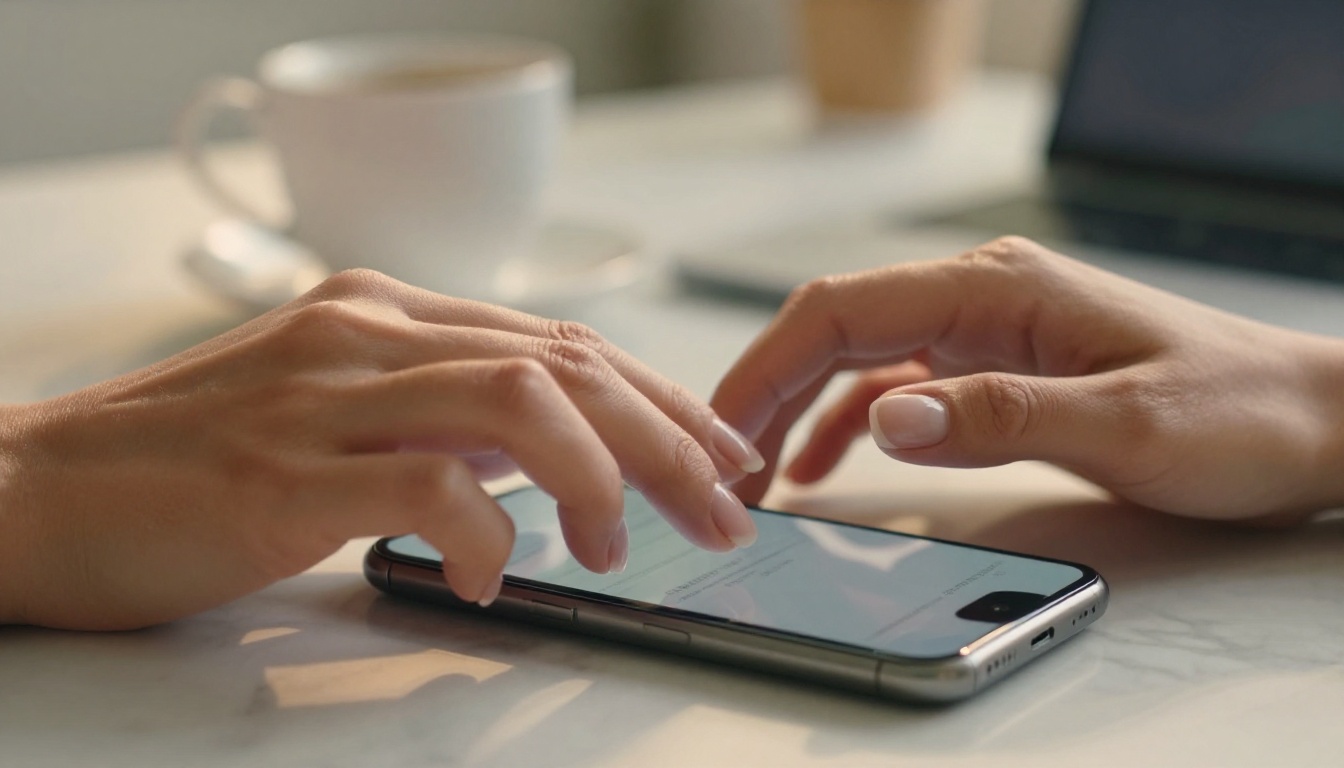 Close-up of elegant woman's hands typing on a smartphone