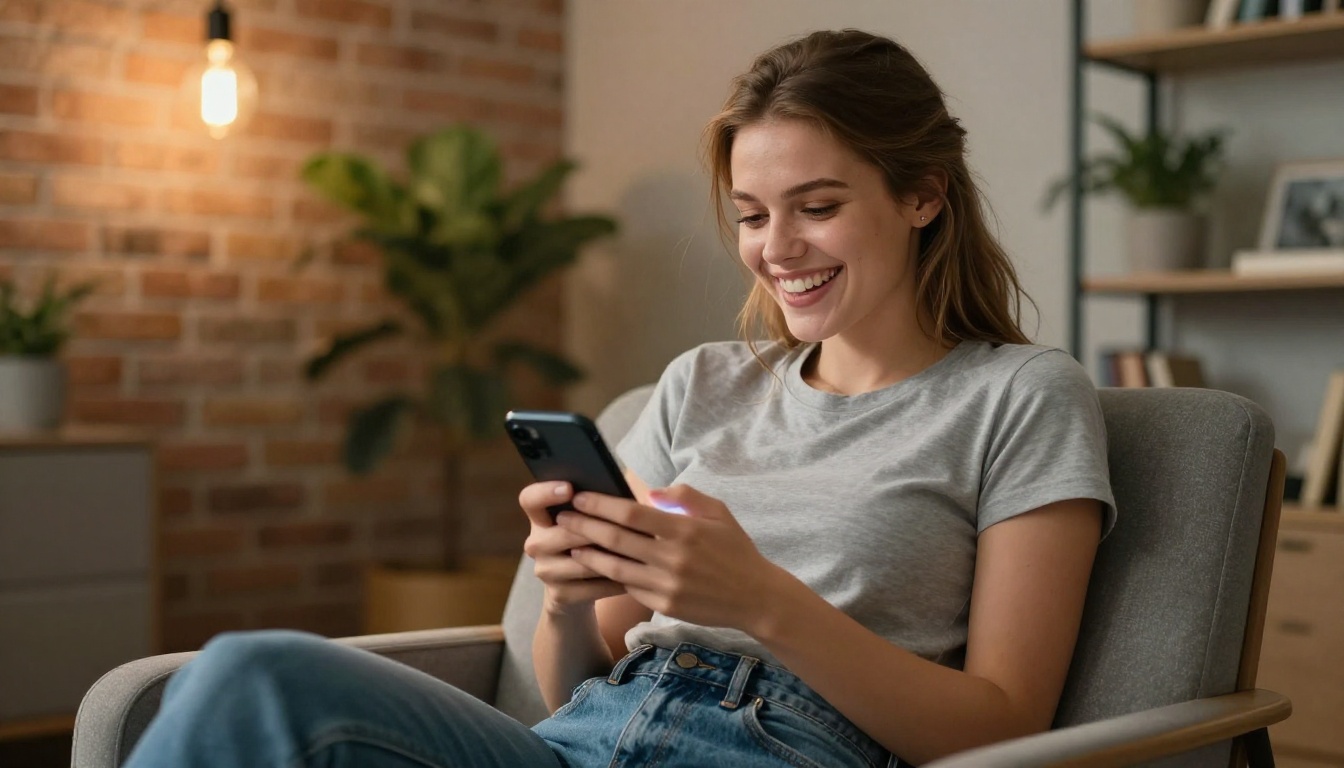 Woman laughing naturally at her phone in a cozy apartment