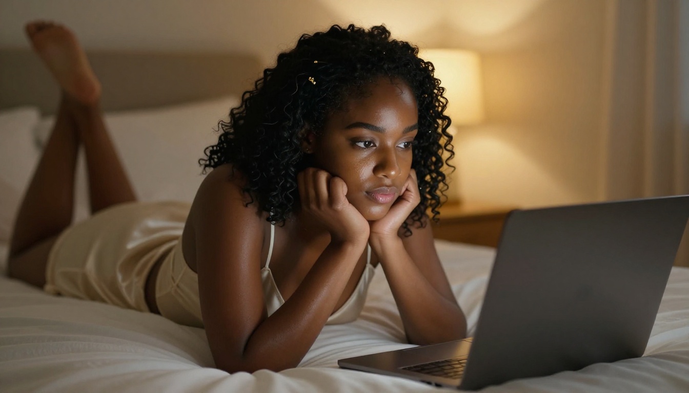 African woman lying on bed engaged with her laptop in warm light