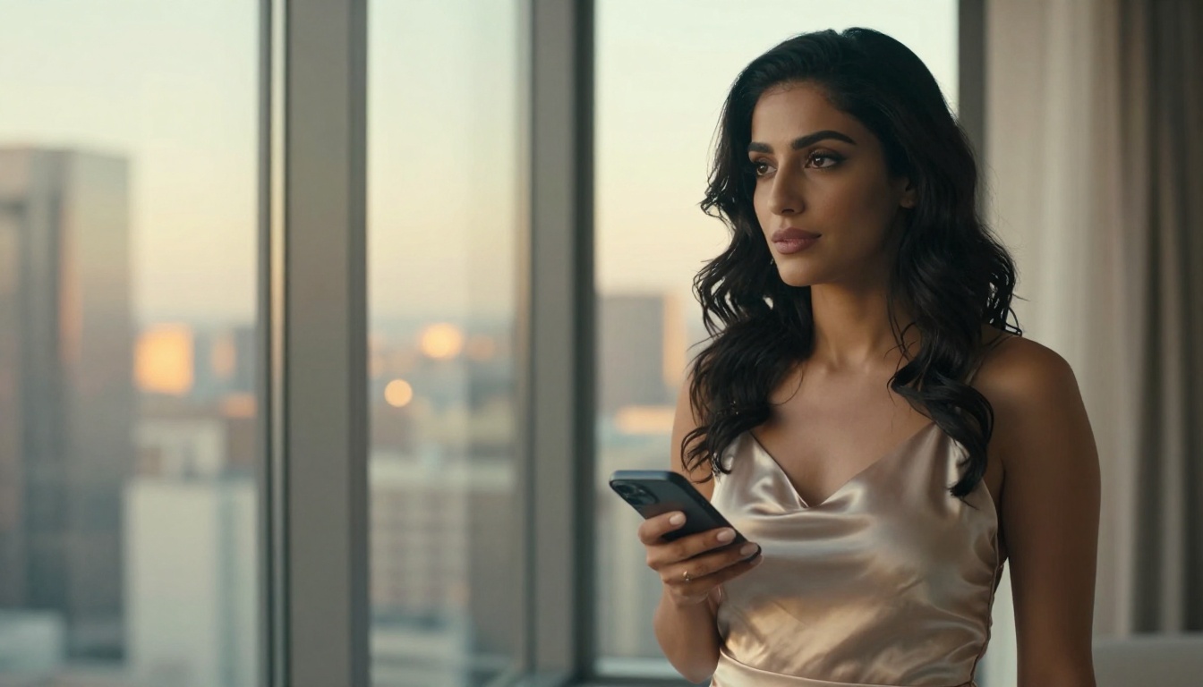 Middle Eastern woman standing by window with smartphone in hand