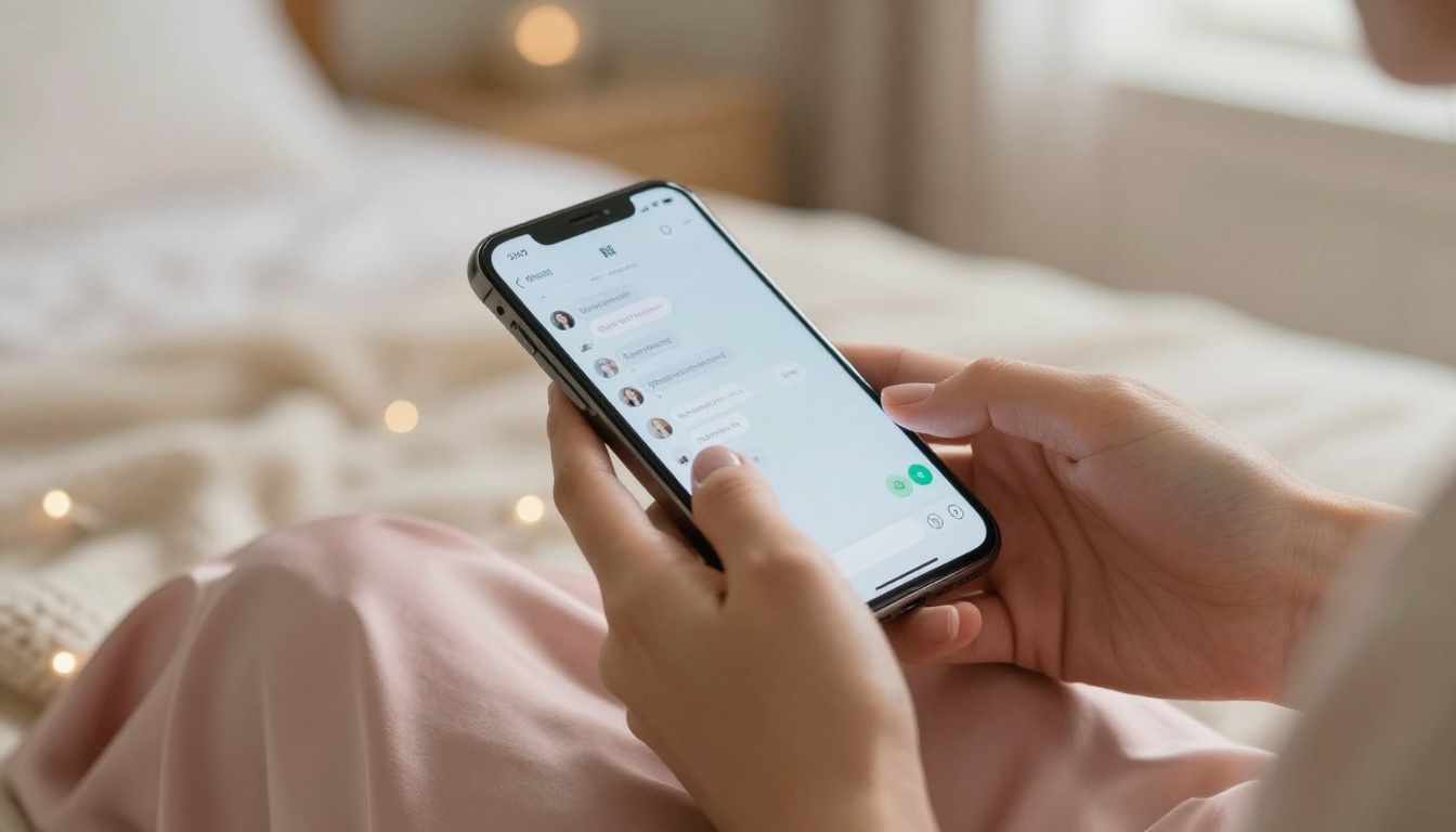 Hands holding phone with glowing chat interface