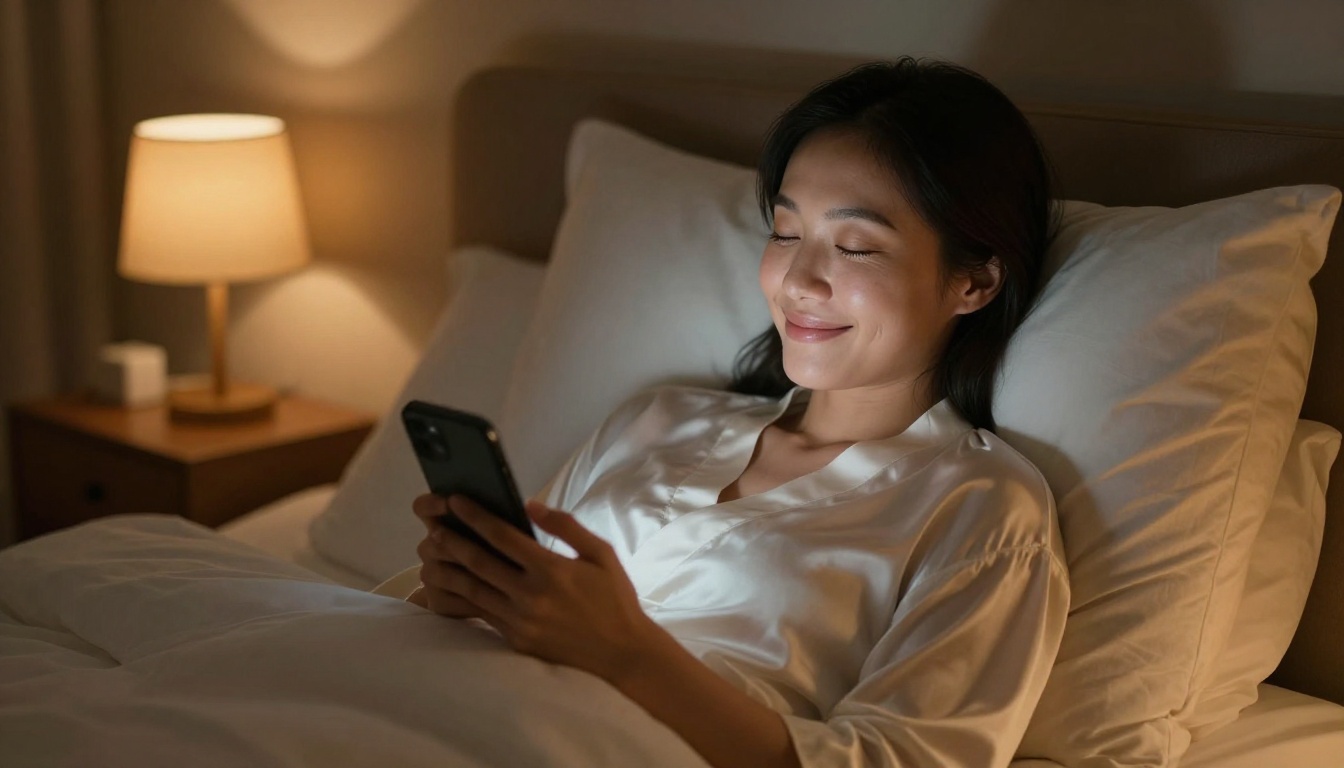 An Asian woman holding her phone close with a serene expression in warm bedroom light An Asian woman holding her phone close with a serene expression in warm bedroom light